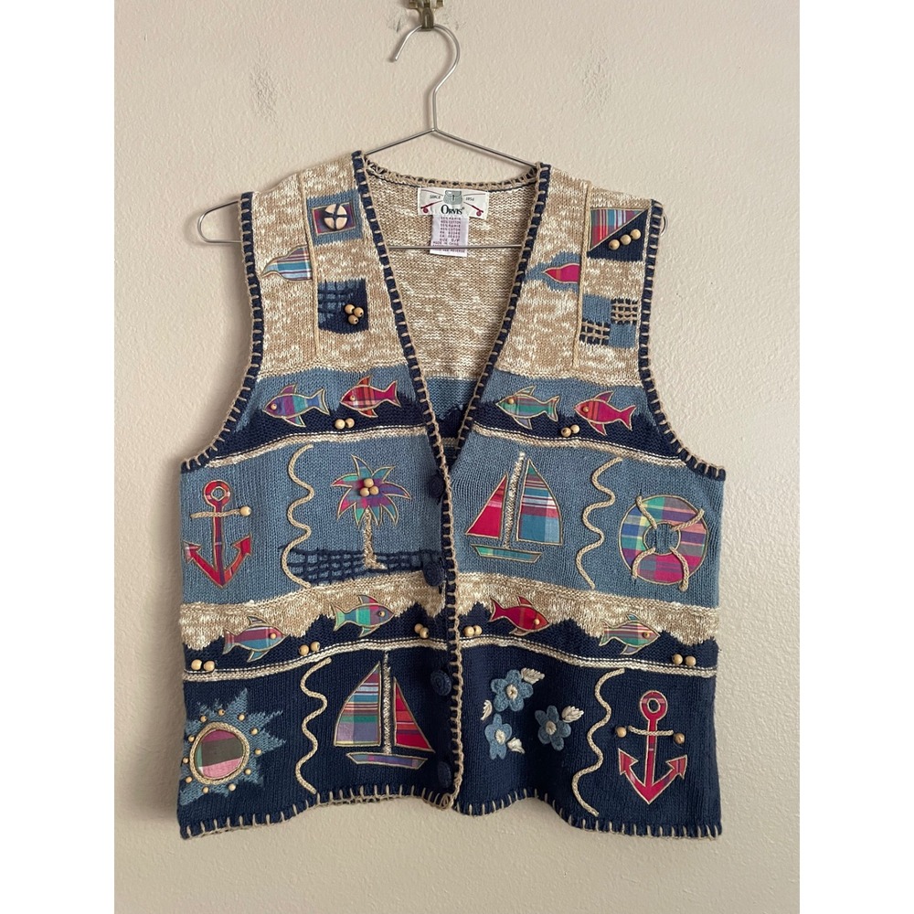 VTG Orvis Coastal Nautical Cotton Knit Vest Small Sailboat Fish Anchor Beach